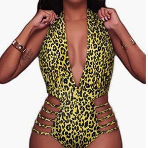 Aqua Eve Women Sexy One Piece Swimsuit Halter Plunge V Neck Cutout  NWT